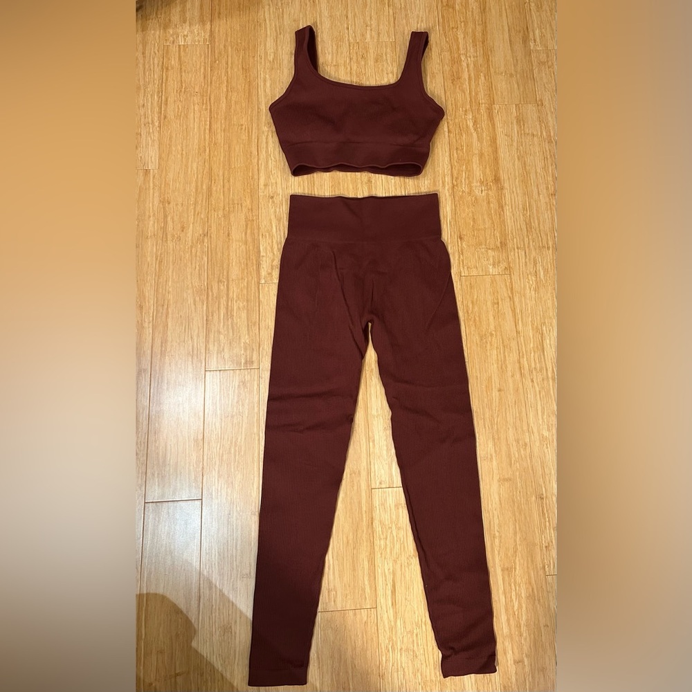 Brown Ribbed Two-Piece Workout Set - image 1
